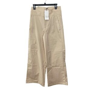 NWT Zara Wide Leg Pants‎ Beige Cargo Raw Waist Hem Casual Trousers Size SMALL